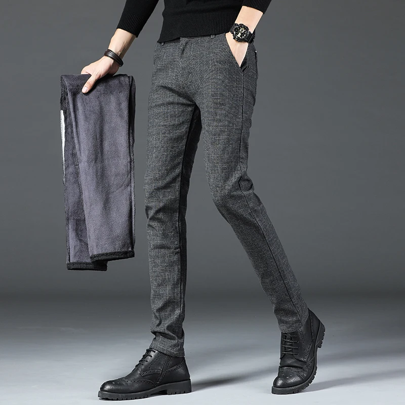 

Men's winter thick warm casual pants men's business straight stretch elastic plaid cotton trousers men's British slim trousers
