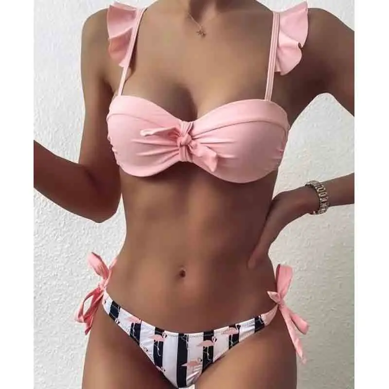 Bandeau Swimsuit Bikini-Set Lace Push-Up Ruffle High-Cut Women Female Striped F72 Bra-Cup