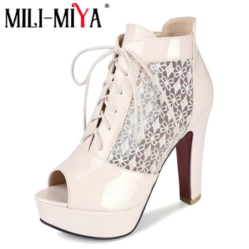

MILI-MIYA Spring summer women laides ankle Boots breathable Shoes peep toe square heel Lace up patchwork large size 34-44
