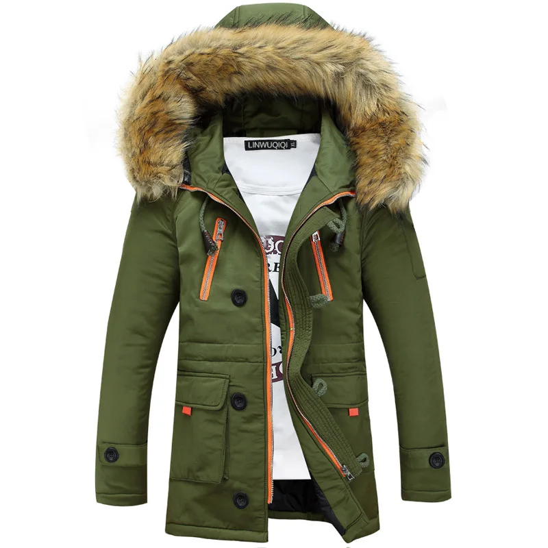 Утепленные мужские парки зимняя куртка мужские пальто мужская верхняя одежда с меховым воротником повседневное длинное хлопковое стеганое Мужское пальто с капюшоном - Цвет: Army Green