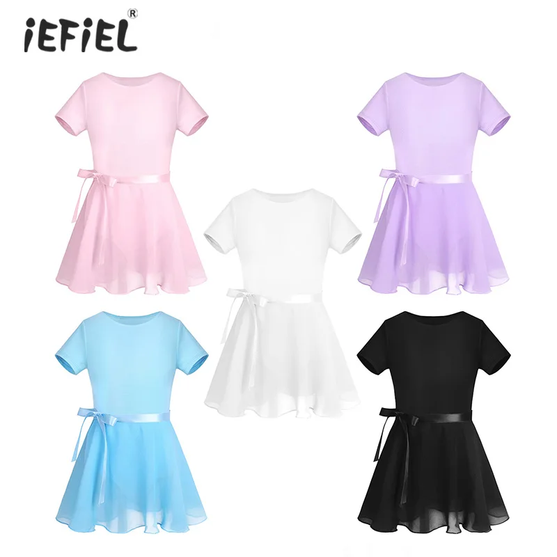 

Girls Ballerina Cotton Short Sleeves Ballet Dance Dress Costume Gymnastics Leotard with Chiffon Tied Skirt Girls Clothes Outfits