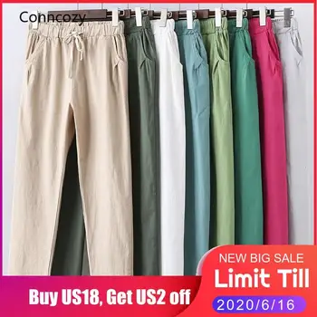 

2020 Tie Elastic High Waist Pants Women Sweatpants Pantalon Femme Leisure Cotton Linen Harem Pants Casual Plus Size Trousers Hot