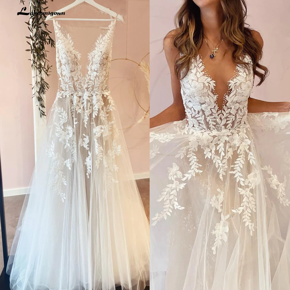 simple wedding dresses Sexy A-Line Backless Wedding Dress 2022 Vintage Lace Applique Beaded Off White Tulle Wedding Gowns Trouwjurk Long Bridal Dress long sleeve wedding dresses