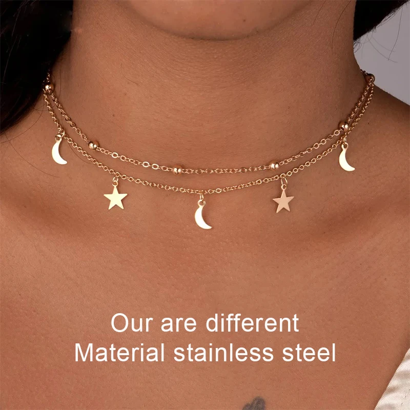 fashion Multilayer stainless steel Pendant Necklace Women Gold Color Beads Moon Star Horn Crescent double chain Choker Necklaces