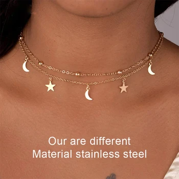 fashion Multilayer stainless steel Pendant Necklace Women Gold Color Beads Moon Star Horn Crescent double chain Choker Necklaces