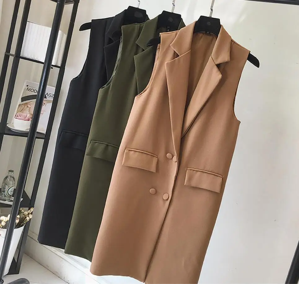 autumn new women laple sleeveless solid patchwork double breasted casual long vest women fashion waistcoat tide r2045