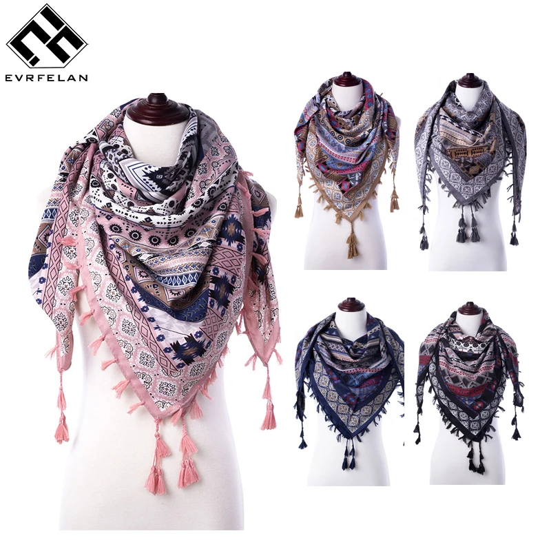 Evrfelan New Scarf Women Winter Scarf With Tassel Printed Flower Pattern Shawl Female Casual Handkerchief Scarves Shawl