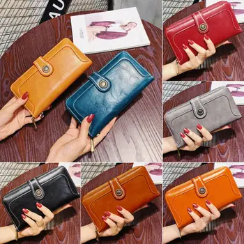

Vintage Leather Women Zipper Wallets Coin Pocket Hasp Card Holder Money Bags Casual Long Ladies Clutch Phone Wallet Women Purse
