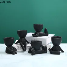 Ceramic Vase Statue Flower-Pot Figure Home-Decoration Little-People Black Modern Lovely