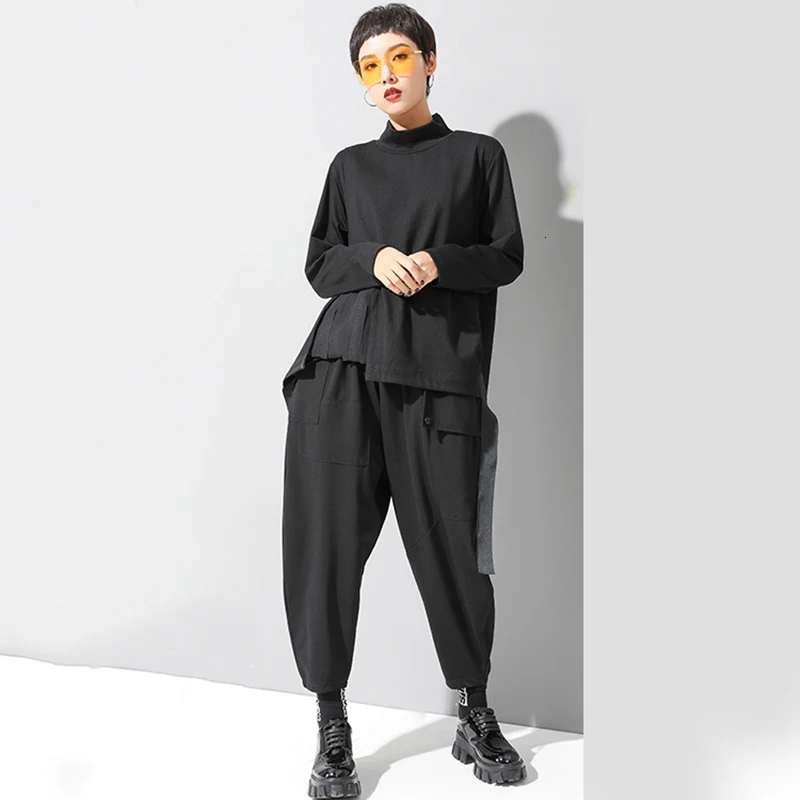 [EAM] High Elastic Waist Black Pocket Leisure Harem Trousers New Loose Fit Pants Women Fashion Tide Spring Autumn 19A-a127