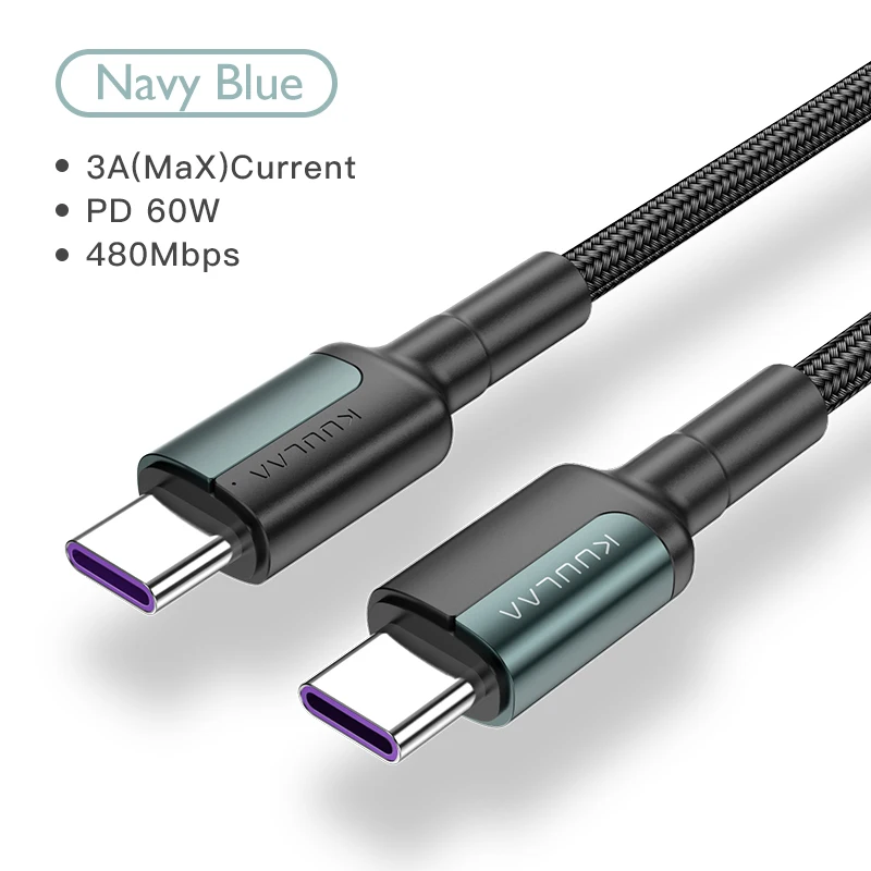 KUULAA usb type-C-usb type-C кабель для Xiaomi Redmi Note 7 60 Вт PD QC 4,0 Быстрая зарядка USB-C кабель для samsung Galaxy S10 S9 - Цвет: Navy Blue