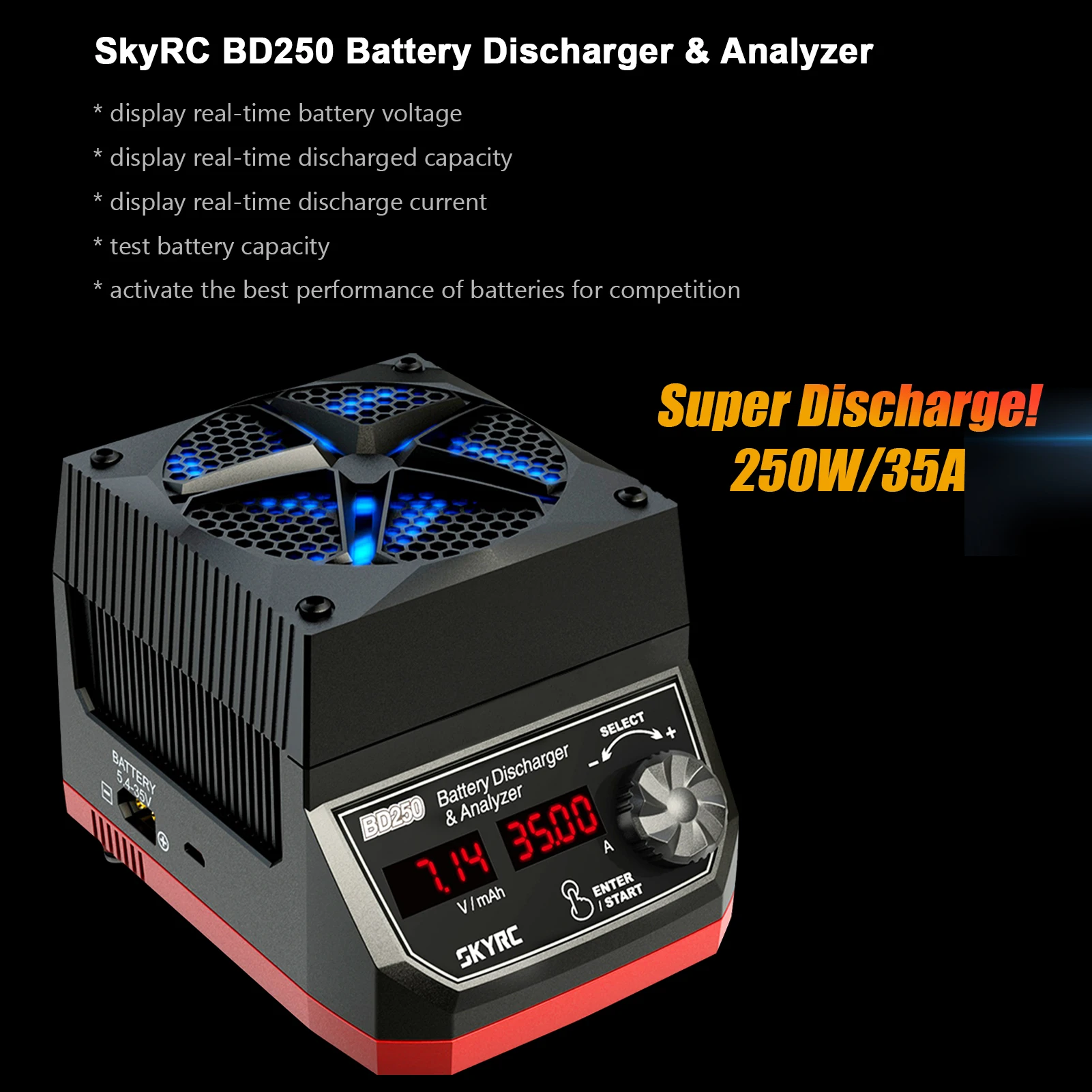 SKYRC BD250 Battery Discharger Analyzer 250W/35A Display Real-time Battery Voltage / Discharge Current XT60 Battery Port Digital
