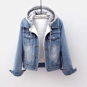 

Winter Women Denim Jackets Thick Warm Lambs Wool Hooded Denim Coat Plus Size 5XL Loose Velvet Ripped Jeans Jacket Outerwear