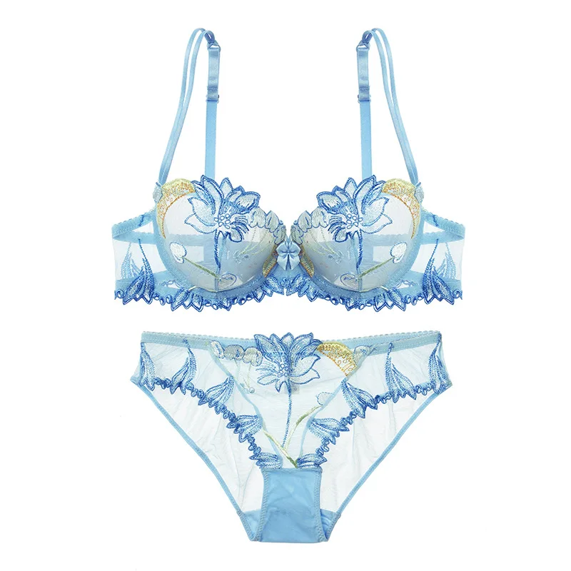 Europeu e Americano Sutiã de Renda Direct Sexy Ultra Fino Roupa Interior Feminino Reunidos Transparente Malha Bordado Conjunto Sutiã 17 Conj. calcinha e sutiã