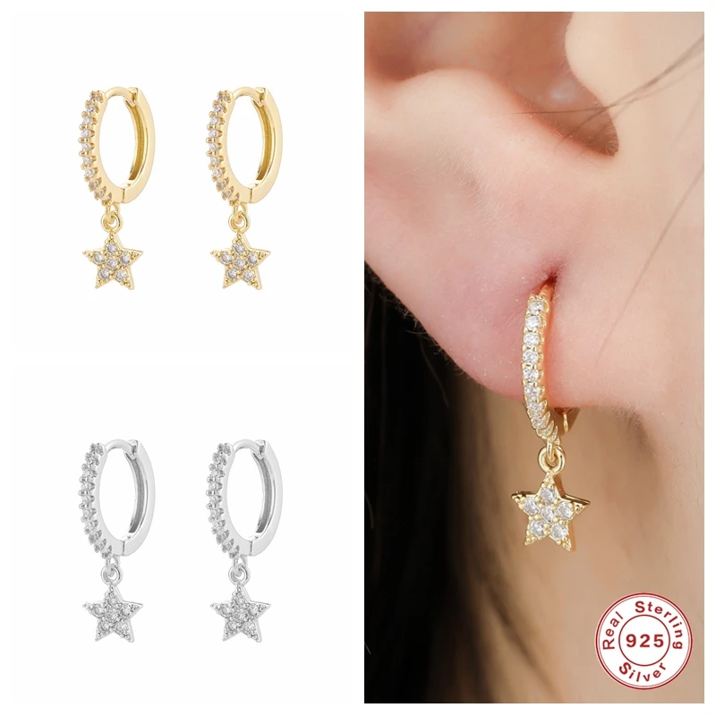 925 Sterling Silver Cross Star Pendant Earrings European and American Zircon Hoop Earring For Women Pendientes Brincos  Jewelry