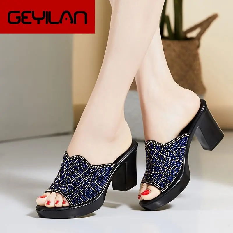 

Women Slipper's 2020 Ladies Summer Slippers Genuine Leather Shoes Women High Heels Fashion Rhinestone Summer Shoes