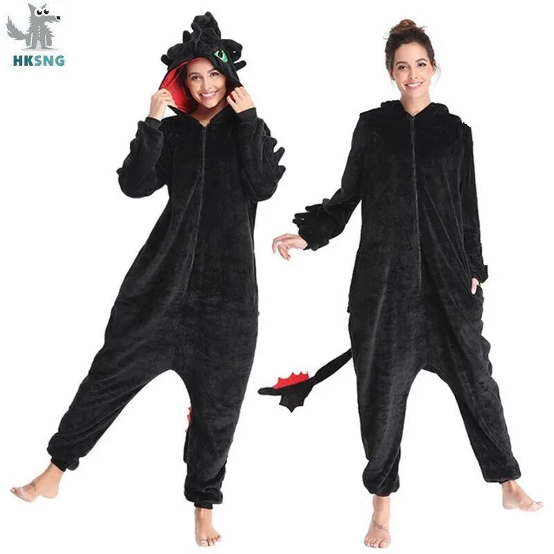 HKSNG Kigurumi Dragon Onesies Animal Winter Flannel Pajamas Adult Halloween Party Costume Jumpsuit