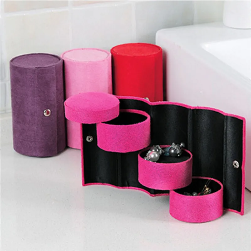 Portable 3 Tiers Compartment Cylinder Lint Roll Up Jewelry Box Case Organizer Holder