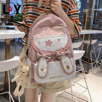 

Girls Bow Rabbit Ears Cute Harajuku Kawaii Bag High Capacity Double Zipper Splicing Cute Bag Fashion Waterproof School Backpacks
