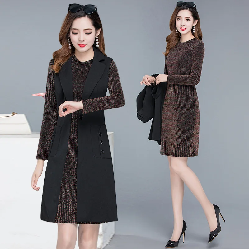 

2019 Autumn New Style Long Sleeve Waistcoat Coat zhen liang jian tao over-the-Knee Women's Korean-style Young Mother Suit Dress