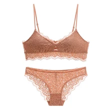 Чашка треугольник полный кружевной проволочный пуловер хлопковый бюстгальтер с подушечкой и трусики маленькие комплекты нижнего белья полые удобные