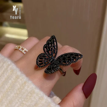 Mysterious Sexy Black Crystal Butterfly Rings Korean Fashion Jewelry Party Gothic Girl's Exaggerated Accessories For Woman 2021