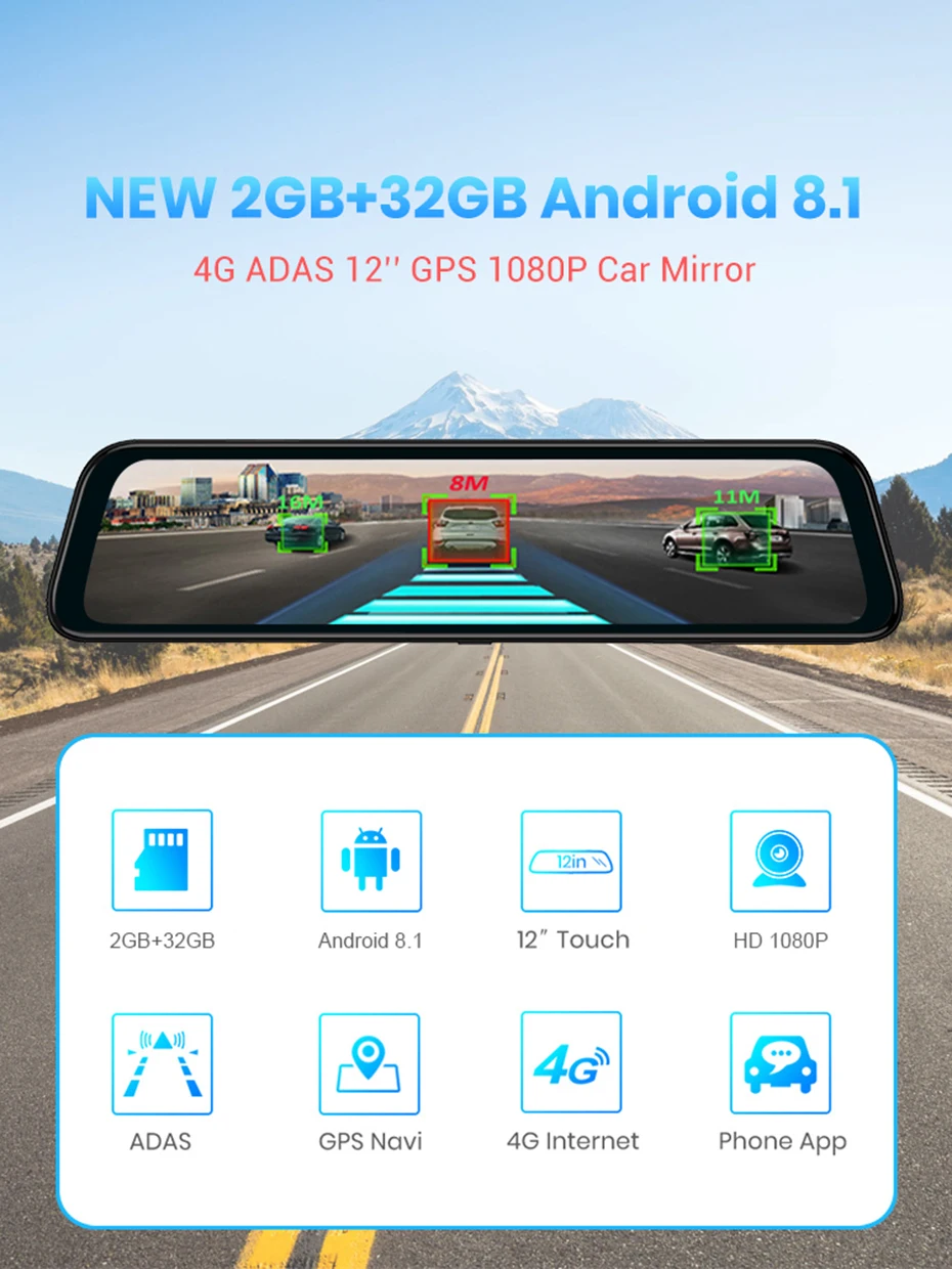12 дюймов полный экран 4G сенсорный ips Специальный автомобильный видеорегистратор заднего вида Android 8,1 зеркало с WiFi gps Bluetooth навигация музыка двойной объектив