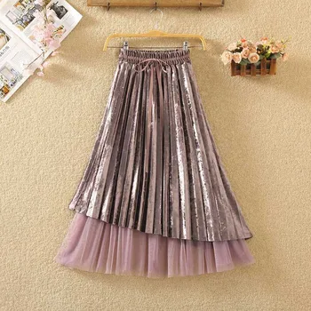 

New Sweet Mesh Bow Tie Gold Velvet Skirts 2020 Spring Women High Waist Pleated Skirts Temperament Large Swing Skirt
