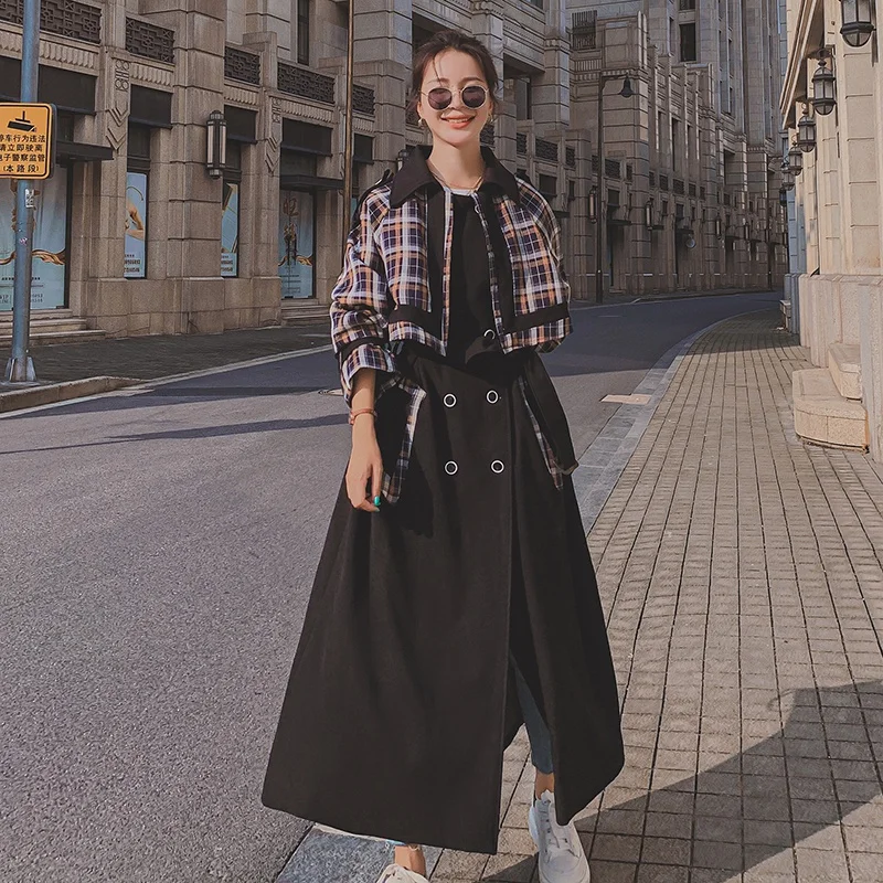 

Women Fashion Splice Plaid Double Breasted Belt Long Trench Coat Spring Fall Female Elegant Retro Korean Windbreaker Cloak 2730