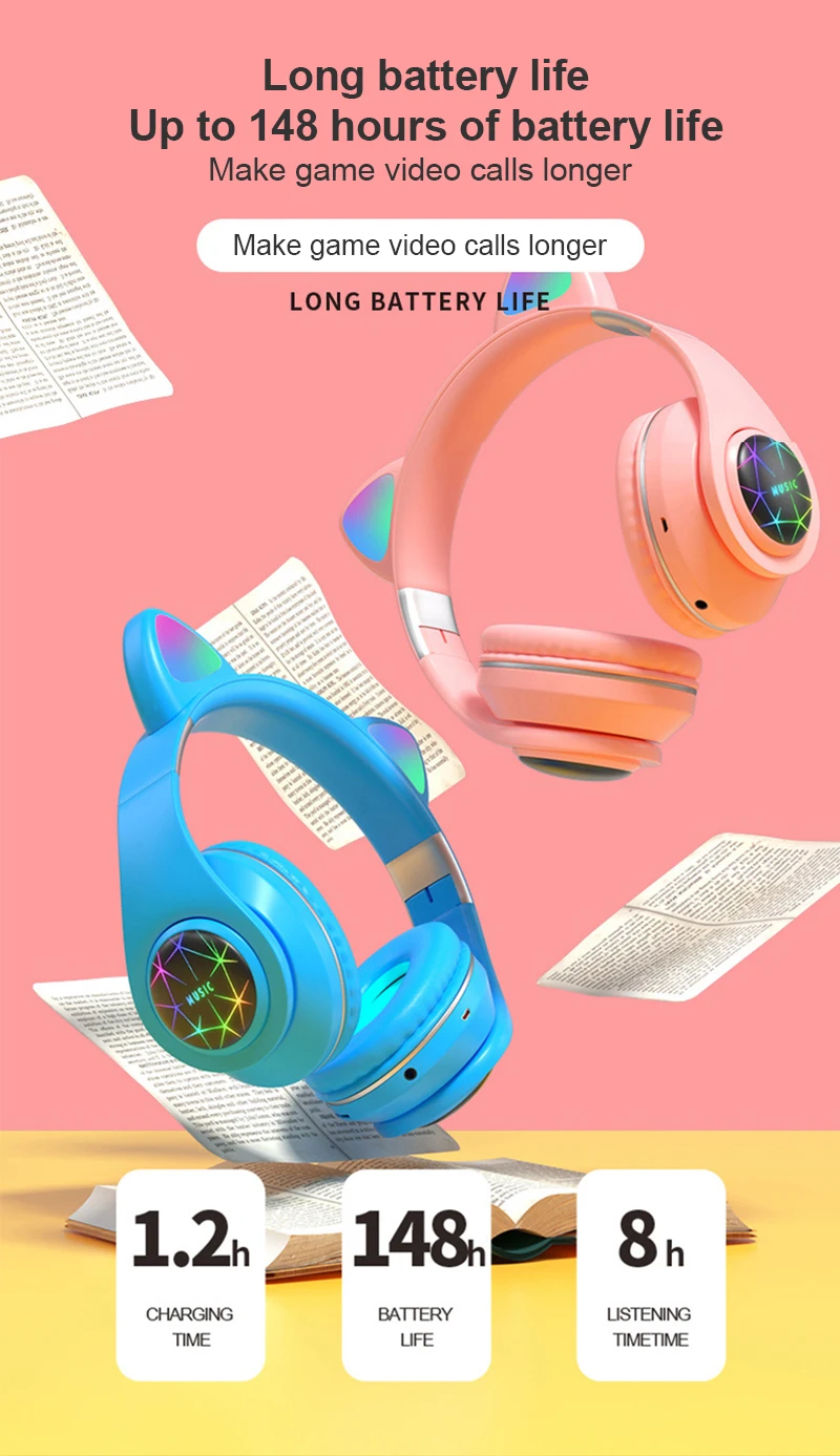 M2 Cat Ear Luminous Head mounted Wireless Bluetooth Headset with Microphone Hands free Support TF Card AUX Play