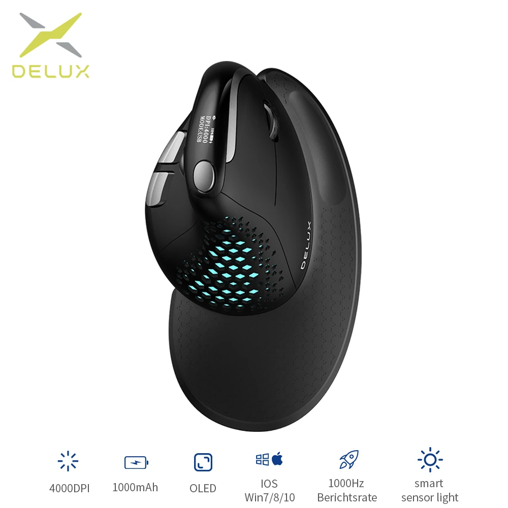 Delux M618XSD Seeker Ergonomic Vertical Mouse with OLED Screen 4000DPI Rechargeable 1000mA Removable Back Cover For Computer small computer mouse