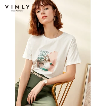 Женская хлопковая Футболка с принтом Vimly, Повседневная Свободная футболка с круглым вырезом и коротким рукавом, модель F0790 на лето, 2020