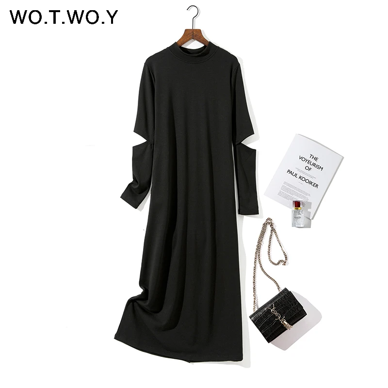 8255Black WOTWOY Новое повседневное осеннее платье, женское платье с карманами и прорезями, с рукавом, в полоску, с круглым вырезом, женское вечернее платье, до середины икры, с длинным рукавом, женское платье-рубашка - Цвет: 8255Black