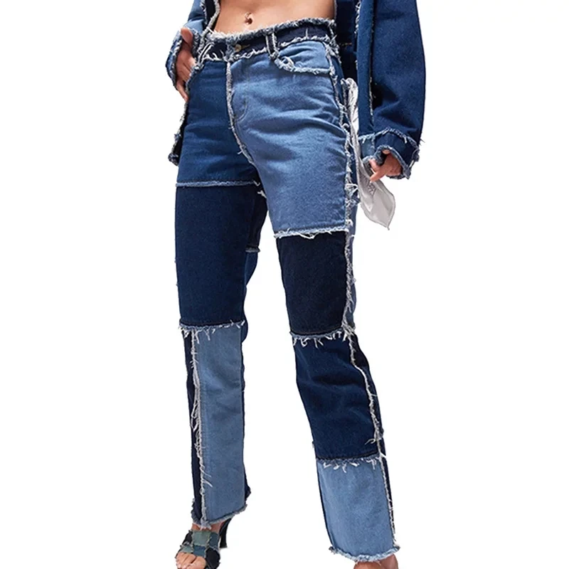 

Women Patchwork High Waist Straight Leg Jeans Trousers Autumn Plaid Spliced Pocket Zipper Streetwear Contrast Stitch Denim Pants