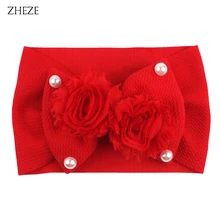 Bandeau en tissu gaufré avec nœud pour cheveux, Chic, perle, fleur, Turban élastique pour filles, accessoires pour cheveux de bébé, à la mode, 2021 