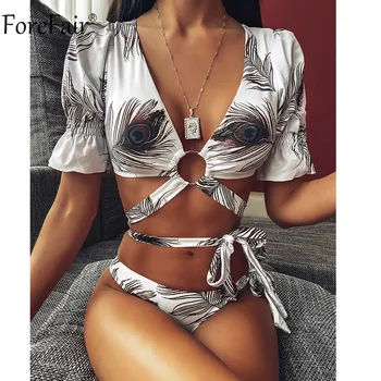 

Forefair V Neck Bandage Floral Print Bikini White 2020 High Waist Ladies Summer Sexy Swim Set Push Up Thong Swimsuit Leopard