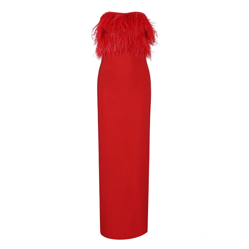 Elegant Patchwork Feathers Formal Dresses Women Strapless High Waist Evening Party Dress Female Fashion Tide