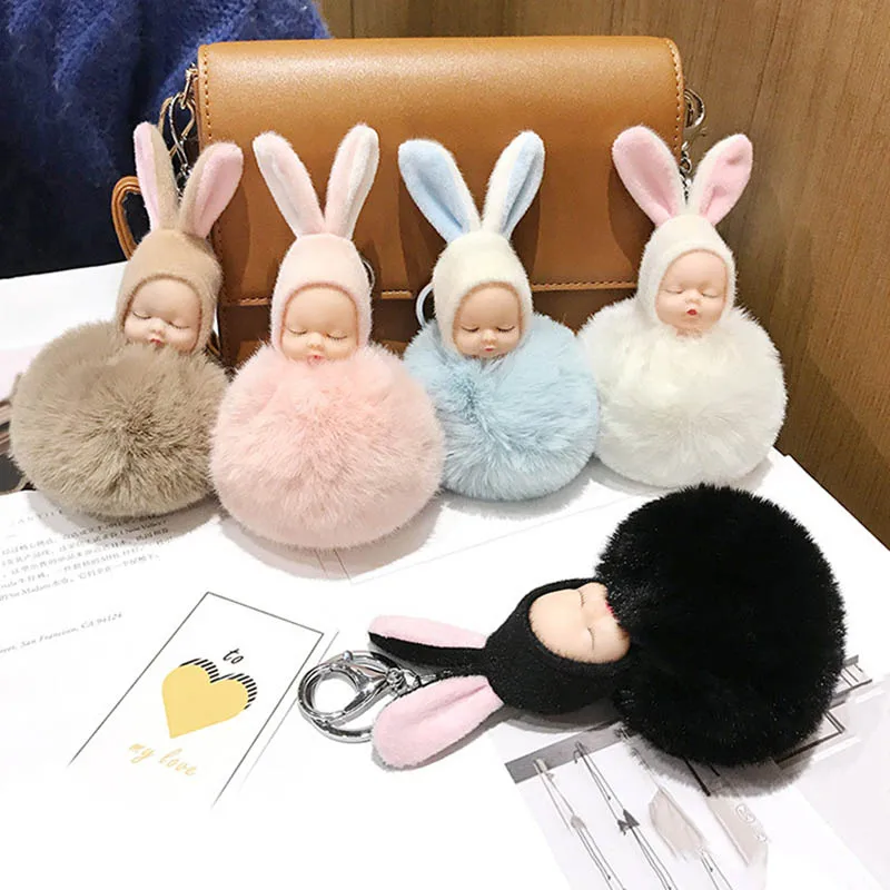 

Cute PomPom sleeping baby keychains Women long rabbit ears fluffy fur ball Key Chain bag key chain Car Keyring Gift porte clef