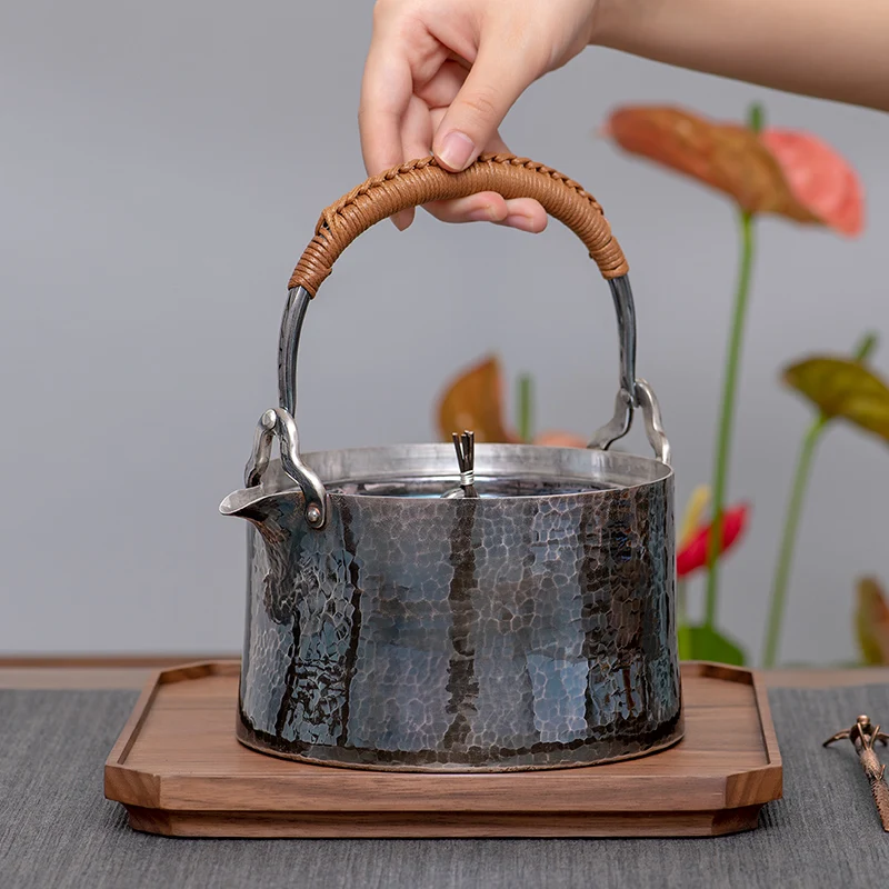 

Silver pot sterling silver 999 bucket Jiangshan kettle kettle beam hammer pattern glossy old household tea set kettle