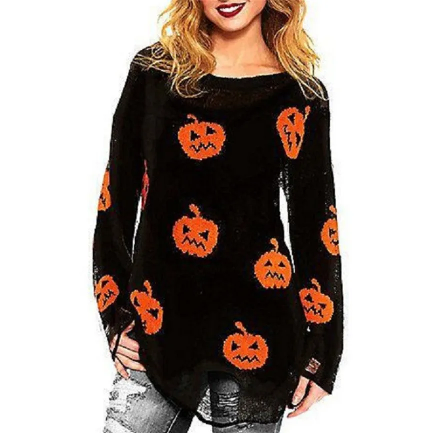 Fashion Women Halloween Irregular Hem Pumpkin Print Long Sleeve Hole Pullover Loose Sweater Womens Autumn Winter Clothing | Женская