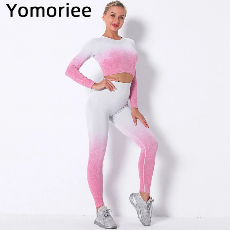 

Long Sleeves Women Yoga Set Gym Sport Workout Running Training Shirts & Pants Suit Seamless Floral Printed Sportswear Yomoriee