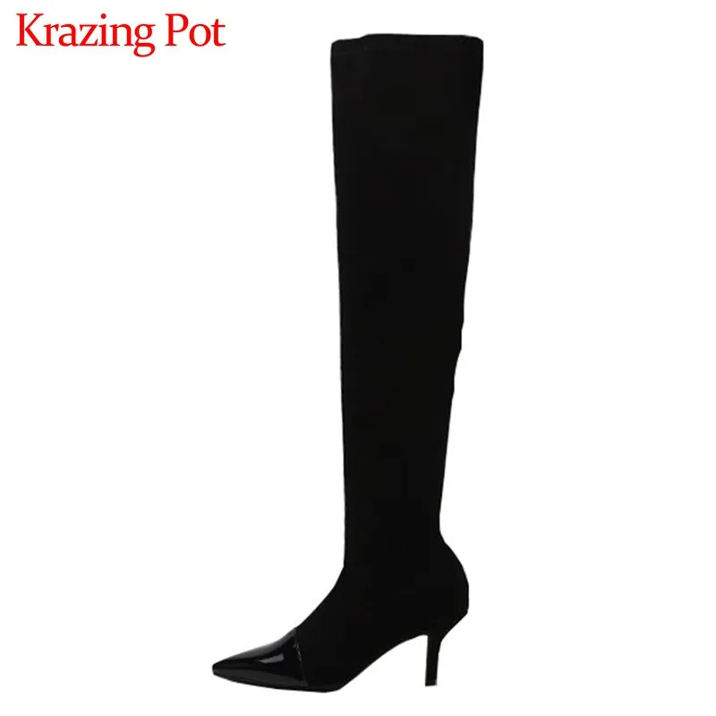 

Krazing Pot cow leather pointed toe flock stretch boots simple style solid stiletto warm women winter basic thigh high boots L81
