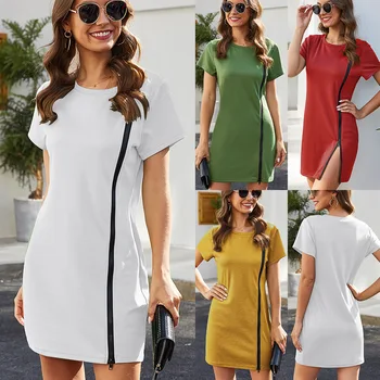 

New Summer Women Dress Fashion Short Sleeve O Neck Solid Color Slim Mini Dresses Female Zipper Elastic Pencil Dress Office Lady
