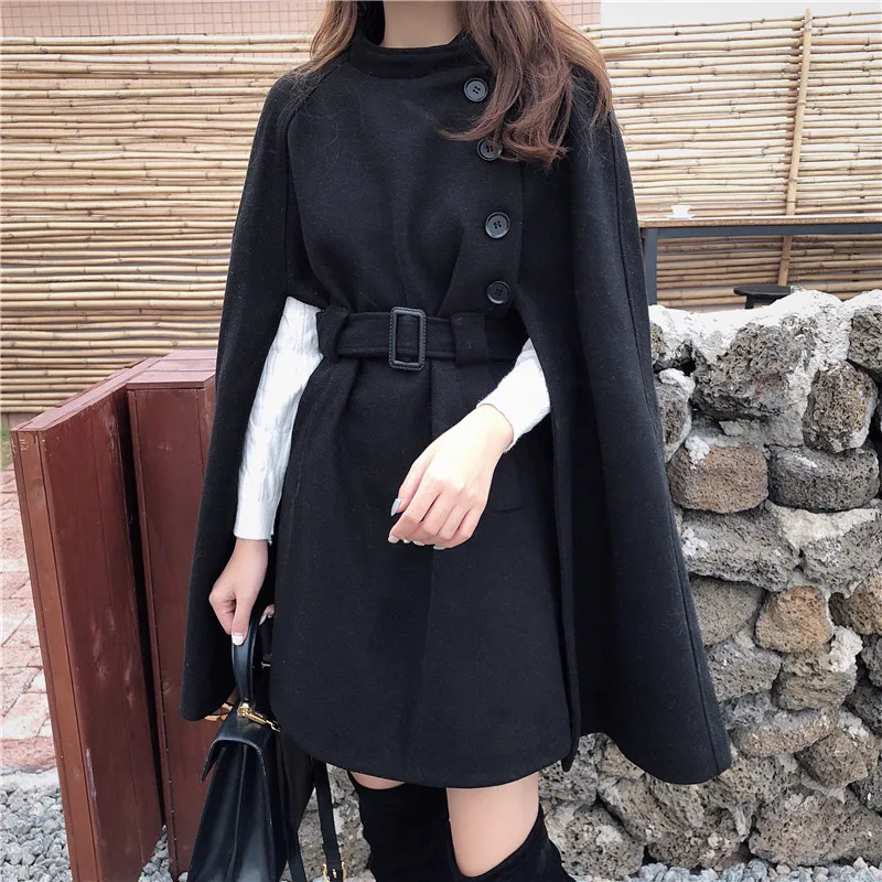 RUGOD Korean New Style Solid Color Loose Cape Coat Collect Waist Woolen Medium Long Coat Women Winter Tops For Woman