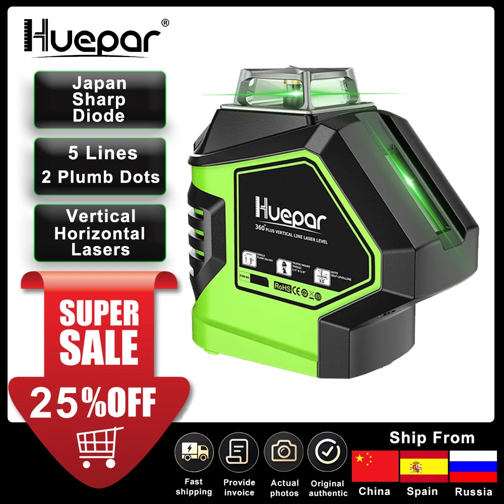 Huepar Green Beam Laser Level With 2 Plumb Dots Selfleveling 360 3d