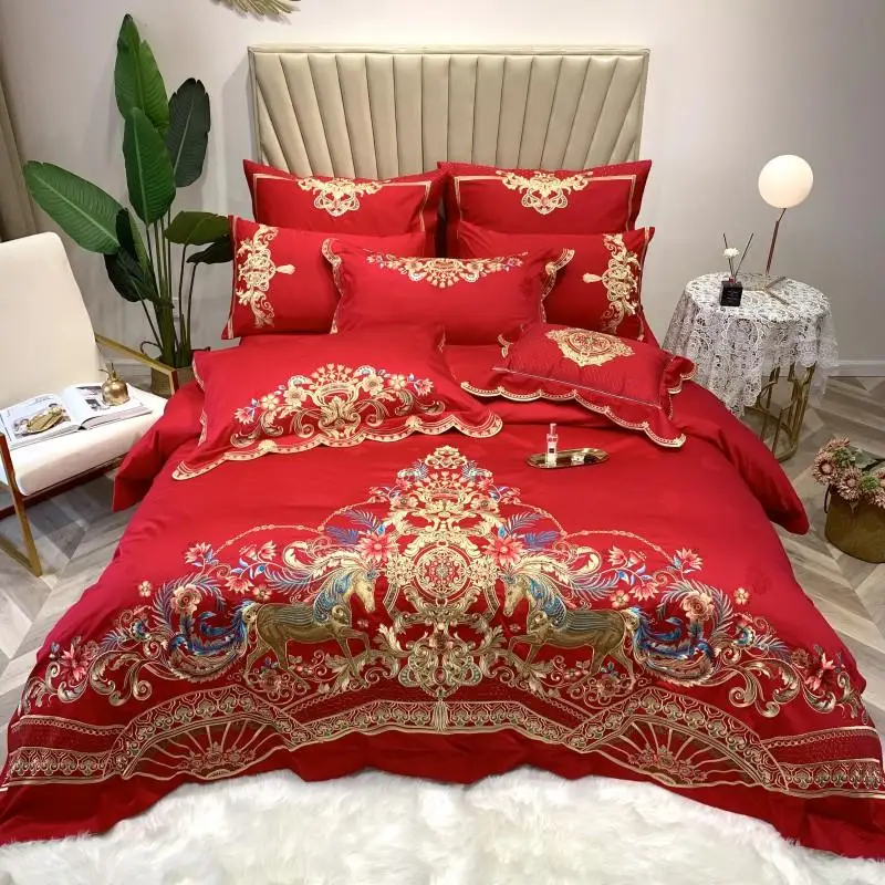 Свадебное красное постельное белье с вышивкой в виде феникса, набор постельного белья, 100 S, длинный хлопковый пододеяльник, набор постельного белья, простыня, наволочки
