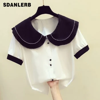 

2020 Summer Top Woman New Korean Fashion Contrasting Color Doll Collar Single-Breasted Short-Sleeved Chiffon Shirt Blouse