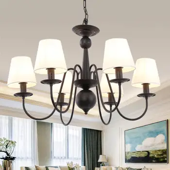

Living Room Led Pendant Lamp Iron Bedroom Dining Room Chandelier American Rural Fabric LED Bulbs Chain Pendant Metal Knob Switch