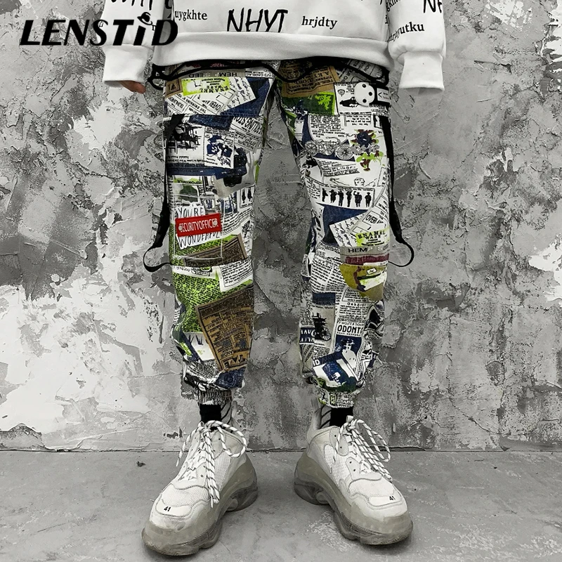 LENSTID Hip мужские уличные ленты с газетным принтом шаровары для бега Harajuku модные