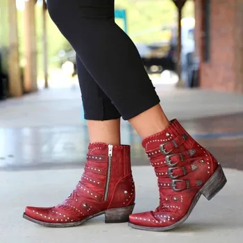 

work boots for women safety Motorcycle Ankle Boots Female Leather Oxford Shoes Woman Rivets Leather Booties Buckle Straps Shoes